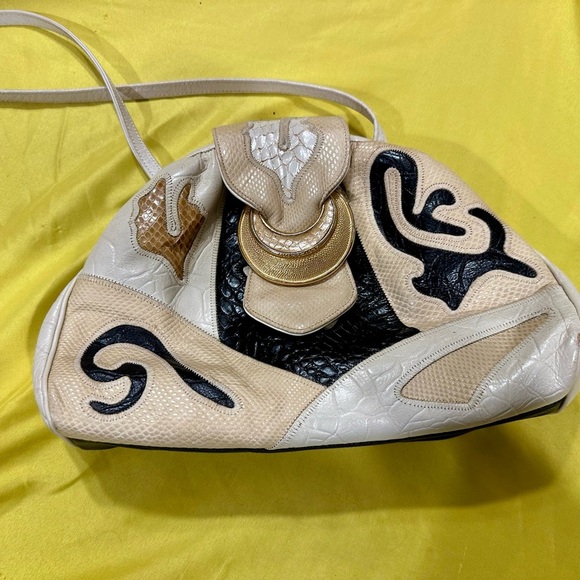 Vintage Sharif Patchwork Leather Shoulder Bag Cream Black Gold Made in USA - Picture 3 of 12